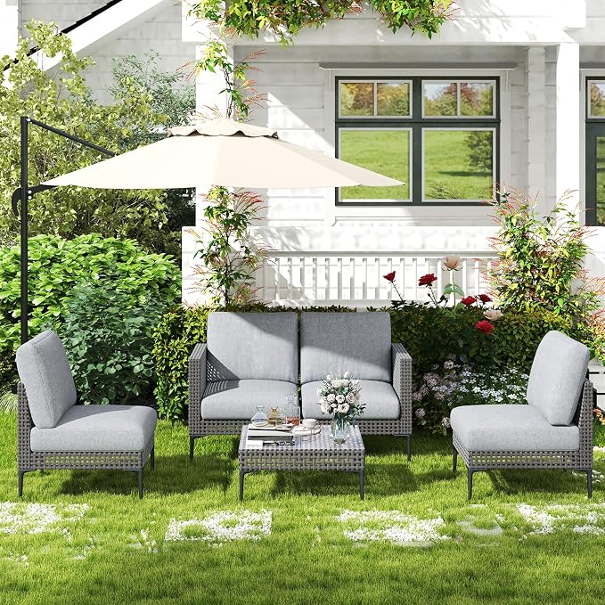 Jocoevol Outdoor Patio Sofa Conversation Set–Rattan 4 Seats Comfortable Couch for Garden, Yard, Weatherproof–Includes Glass Table, Armless Chairs, and Two-Seater Sofa