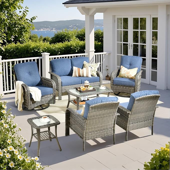 Weaxty Wicker Patio Furniture Set with Swivel Rocker Chairs Outdoor Loveseat Sofa and Rattan Coffee Table, 5 Pieces Outdoor Conversation Sets for Patio Porch Deck Backyard Poolside,Beige