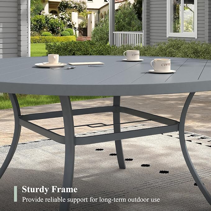Patio Table and Chairs Set for 8, Outdoor Dining Set with 8 Stackable Dining Chairs and 53" x 53" Metal Slatted Round Dining Table for Porch, Deck, Lawn, Garden, Grey & Dark Grey