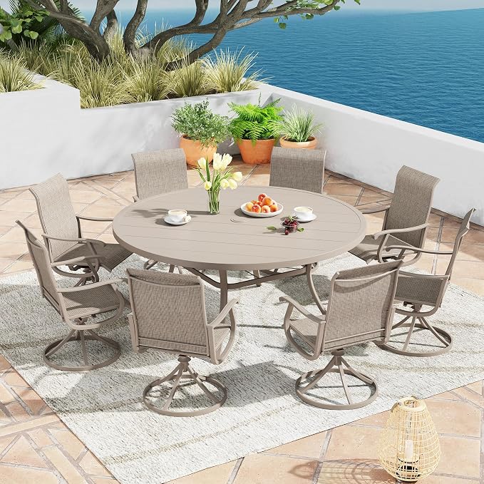 9 Pieces Patio Furniture Dining Set, 8 Textilene Swivel Dining Chairs, 60" Outdoor Round Metal Table with 1.57" Umbrella Hole, Outdoor Dining Set for Porch, Lawn, Garden, Sand/Sand