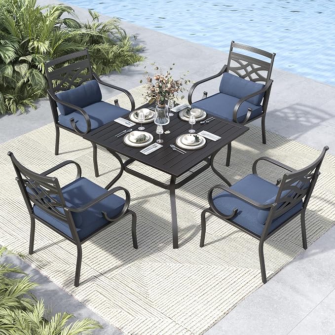 MFSTUDIO 5-Piece Patio Dining Set, 37" Square Metal Table, Fixed Chairs | Umbrella Hole, Blue, Seats 4