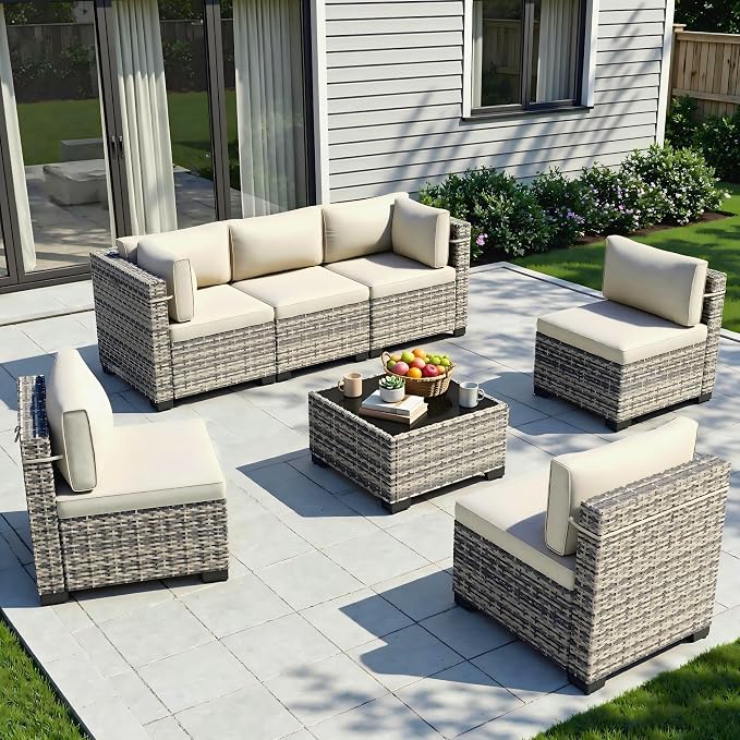 7-Piece Patio Furniture Set, Outdoor Sectional with Thick Cushions, Modular Patio Sofa, Dual-Strand Wicker Rattan, Rust-Resistant Frame, Backyard Furniture for Garden, Deck, Ivory