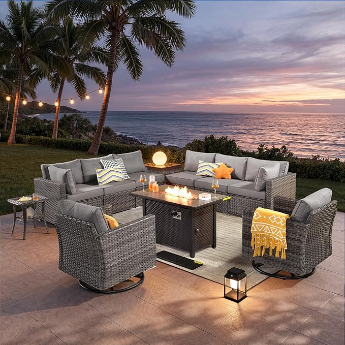 ovios 11 Piece Outdoor Patio Furniture Set with Fire Pit Table,Conversation Sectional Wicker Couch with Swivel Chairs,Modern Outside Sofa for Balcony Backyard, Dark Grey