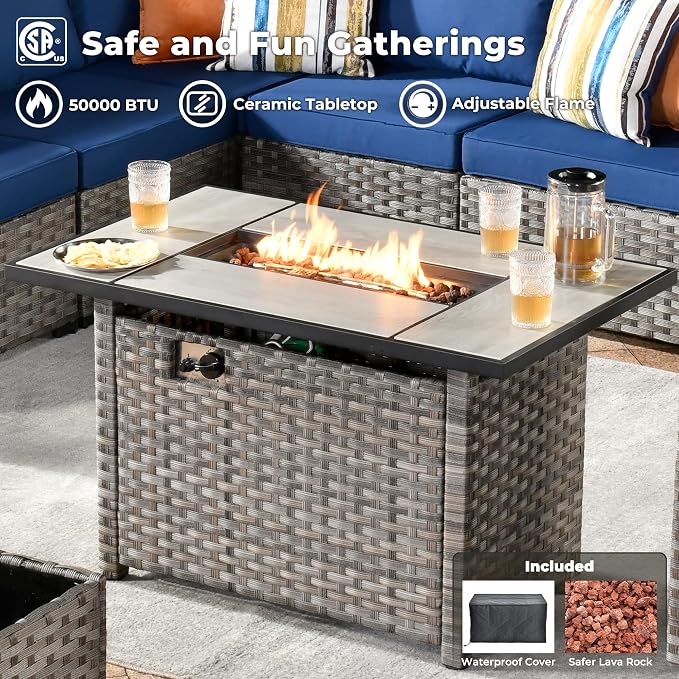 ovios 9 Pieces Patio Furniture Set, Outdoor Wicker Sectional Sofa with 42" Fire Pit Table Swivel Chair, Modern Modular Deep Seat Rattan Couch Conversation Sets, Navy Blue