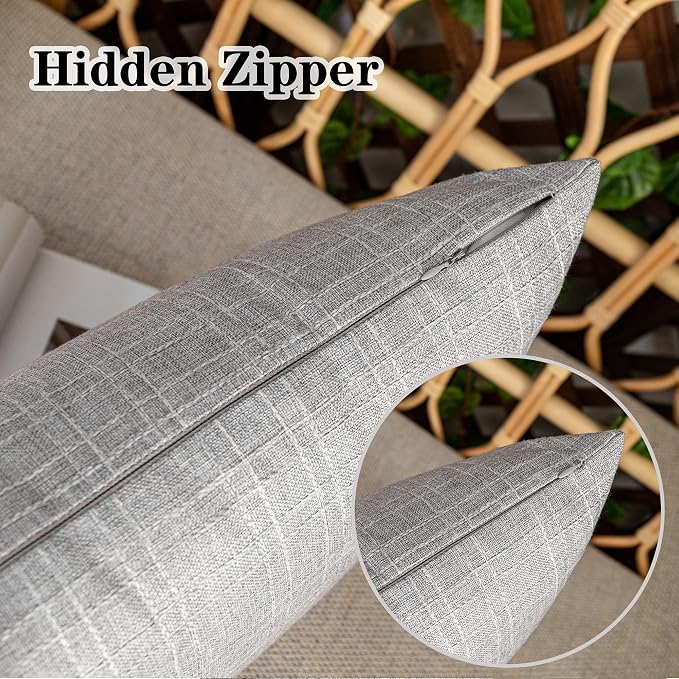 Kevin Textile Outdoor Waterproof 18”x18” Pillow Covers 2 Pack, Grey | Water Resistant, Soft Faux Linen-cotton Yarn-dyed Woven Texture Throw Pillow Covers for Tent Patio Garden Couch Sofa
