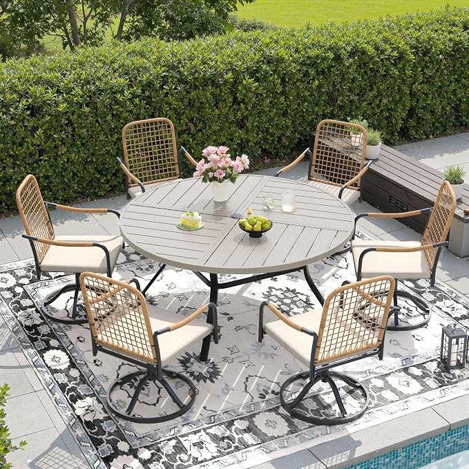 DIFY 7 Pieces Outdoor Dining Set, Metal Patio Table and Chairs Set for 6, 53.1" Round Dining Table with Umbrella Hole & Wicker Swivel Patio Chairs with Cushions, Grey Wood-Like Tabletop