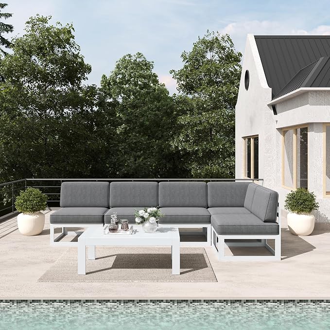 LayinSun 6 Pieces Modern Aluminum Patio Furniture Set with Coffee Table, Outdoor Modular Sectional Conversation Set L-Shaped Sofa for Backyard