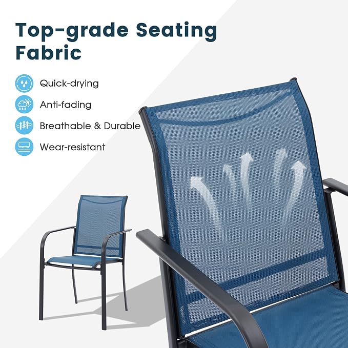 3 Pieces Patio Dining Set, 28" Square Dining Table with Storage Shelf, 2 Stackable Textilene Fabric Chairs, Metal Structure for Patio, Porch, Garden(Black Table, Blue Chair)