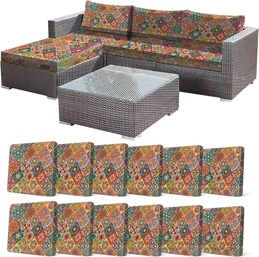 CALBODE 12Pcs Stretch Patio Cushion Cover, Bohemian Colored Geometric Pattern Couch Covers for Patio Furniture Cushions Washable Reusable Couch Covers Replacement for Fall Winter(Cover Only)