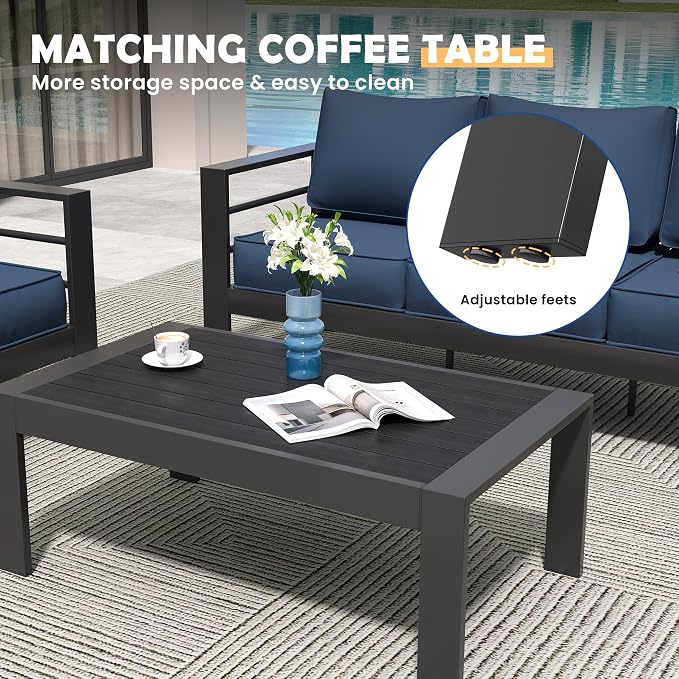 Amopatio Aluminum Patio Furniture, 5 Pieces Metal Outdoor Furniture Set, Outdoor Sectional Modern Sofa Sets with Coffee Table for Pool, Garden, Dark Grey&Blue (Included Waterproof Covers)