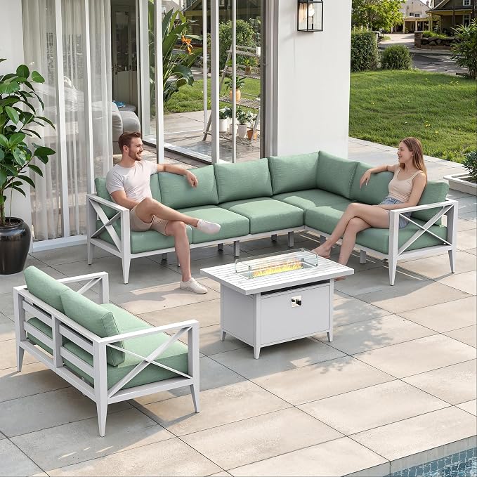 Patio Furniture Set with Fire Pit Table Outdoor Sectional Sofa Conversation Set for Backyard Deck Garden Seating