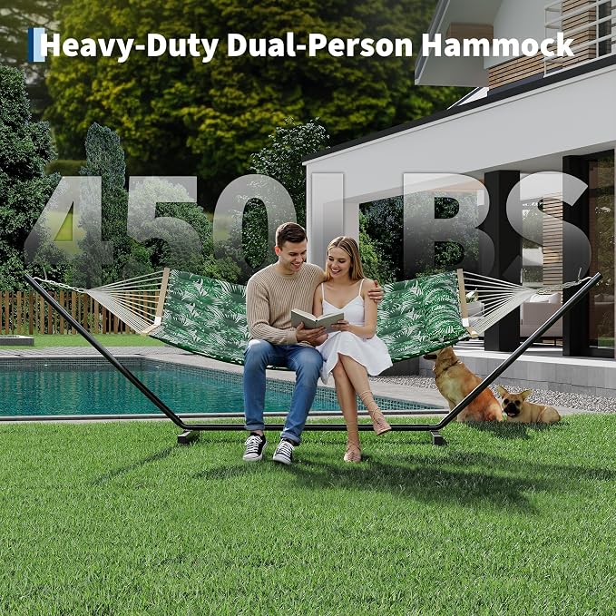 GarveeHome Portable 2 Person Double Hammock with Sturdy Heavy-Duty Steel Stand – 450LBS Max Load, Quick & Effortless Assembly, Perfect for Indoor Living, Yard, Patio & Camping Trips