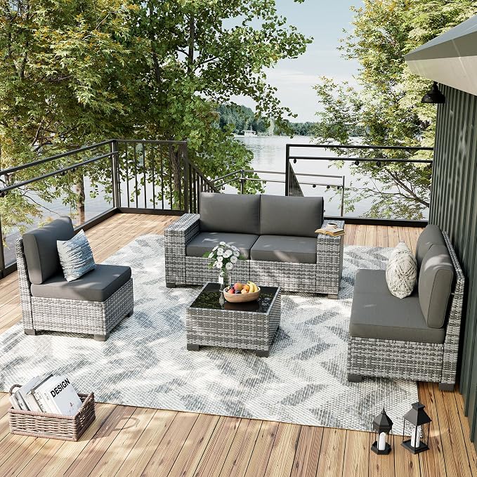 UDPATIO Patio Furniture Set, 8 Inch Armrest Outdoor Sectional Sofa, 6 Piece Wicker Outdoor Furniture Conversation Sets with Waterproof Cover and Coffee Table for Backyard Deck(Grey/Dark Grey)