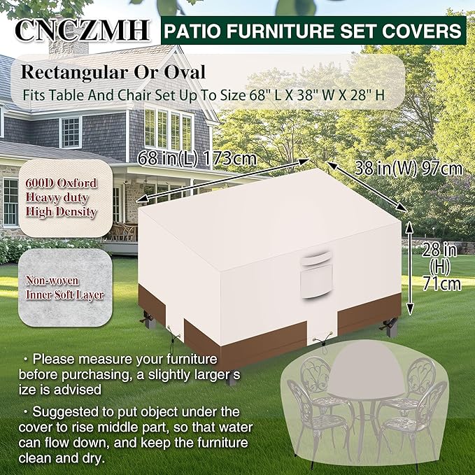 Heavy Duty Patio Furniture Covers Waterproof, 600D Outdoor Furniture Cover Waterproof for Sectional Sofa Couch, Outdoor Dining Table and Chair Set Covers 68''L x 38''W x 28''H, Beige Brown