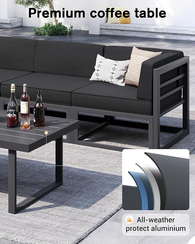 UDPATIO Aluminum Patio Furniture Set, Modular Oversized Outdoor Sectional of Olefin 5 inch Thick Cushion, Coffee Table and Waterproof Cover, Patio Conversation Sets for Porch, Deck