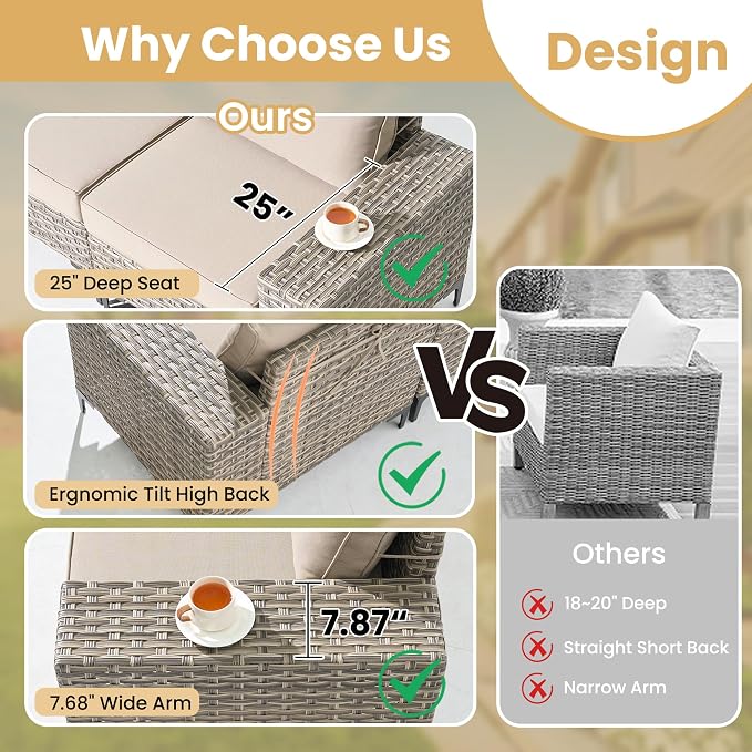 HOOOWOOO Outdoor Sectional Furniture Set with Fire Pit Table,8 Pieces Wicker Patio Conversation Sets,L Shape All Weather Outside Couch Sofa Set with Swivel Chairs Side Table Ottoman,Beige