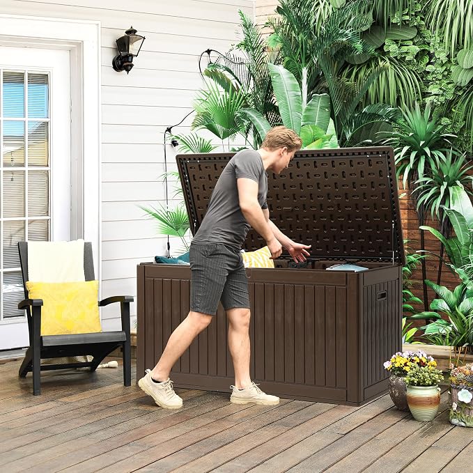 YITAHOME 320 Gallon Extra Large Deck Box, Double-Wall Resin Outdoor Storage Box with Flexible Divider for Patio Cushions Pool Supplies Garden Tools, 1000lbs Load Capacity, Lockable&Waterproof (Brown)