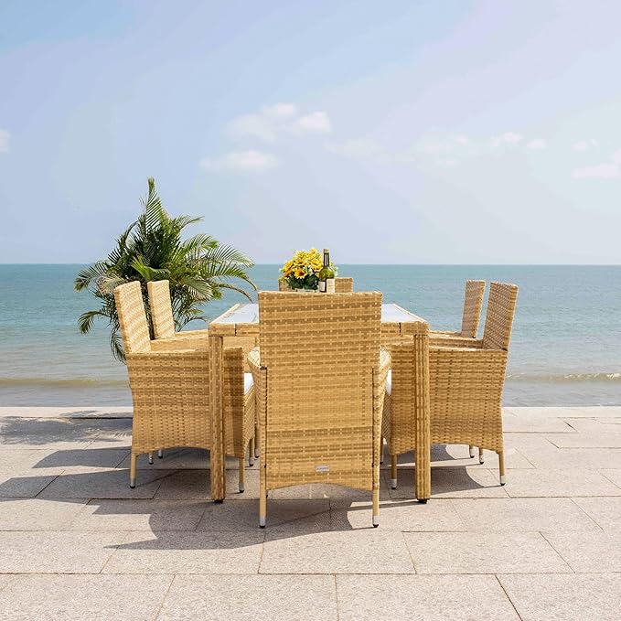 SAFAVIEH Outdoor Collection Jolin Natural/White Cushion Wicker Dining Set
