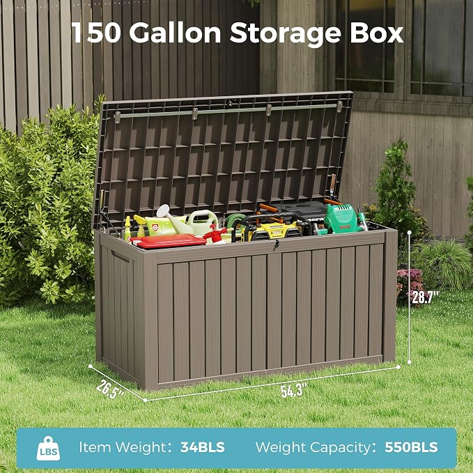 NUNU LAB 151 Gallon Outdoor Storage Box,Resin Large Sturdy Deck Box, Backyard Outside Storage Box Waterproof with Double Wall Panels,Package Delivery Garden Outdoor Hose Storage Bin,Grey