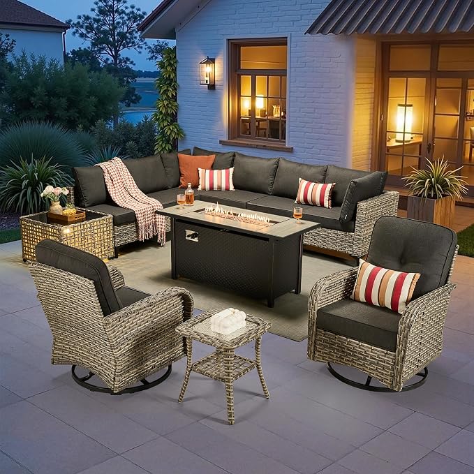CAODOC 11-Piece Outdoor Sectional Sofa Set w/ 54" Fire Pit – L-Shaped Wicker Patio Furniture, Deep Seating & Swivel Rockers,Black