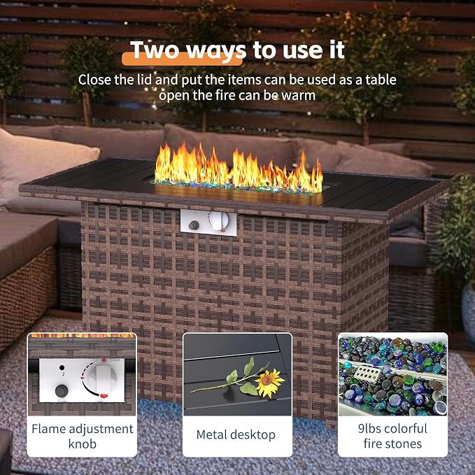 UDPATIO Patio Furniture Set with 44" Fire Pit, 8 Inch Armrest, Brown/Khaki