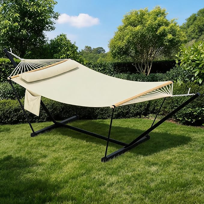 2-Person Hammock with Stand for Outside - Portable Heavy Duty Outdoor Double Hammock - Adjustable Steel Frame, 500 LBS Capacity, for Patio Garden Backyard & Beach