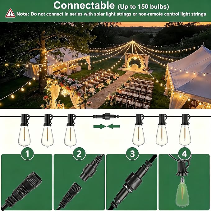 Outdoor String Lights 50FT 26 LED, Waterproof Dimmable Patio Lights | Remote Control, Shatterproof Edison ST38 Bulbs, Timer, Plug-In, Warm White Hanging Light for Garden Yard Porch Deck Decor