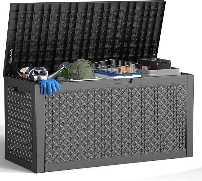 ROJIK Outdoor Storage Housing Deck Box - Waterproof Patio Furniture, Garden Tools, Cushions, Pool Accessories Storage Bench with Lockable Lid and Side Handles (Black,125 Gal)