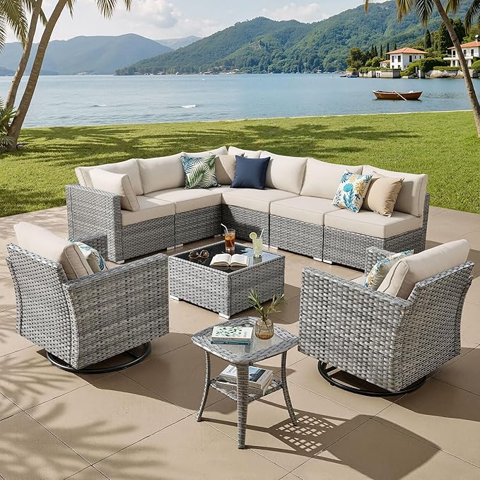 ovios Outdoor 10 Piece Coversation Set with Swivel Rocking Chair,Sectional Patio Furniture Set with All-Weather Wicker Sofa,Modern Outside Couch for Balcony Backyard Pool, Beige