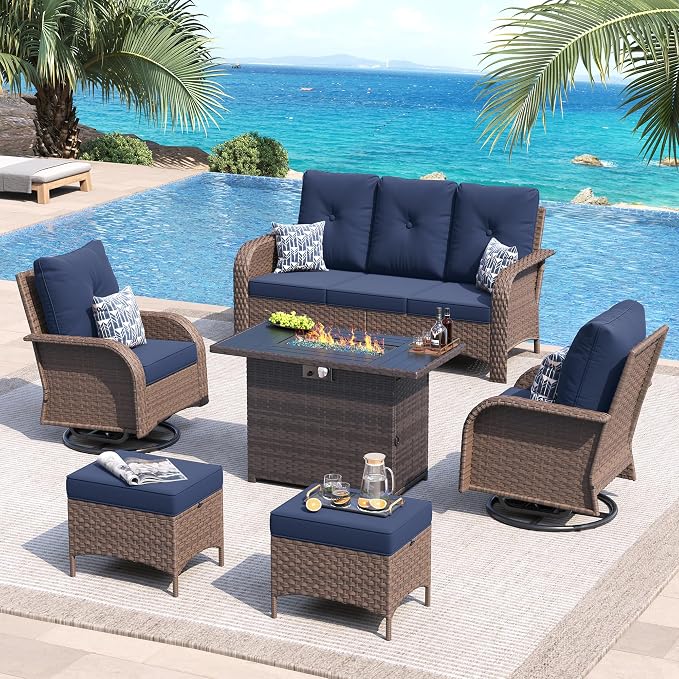 UDPATIO Patio Furniture Set with 44" Fire Pit Table, High Back 2 Swivel Rocker Chairs, Wicker Outdoor Conversation Sets with Thick Cushions & Ottoman, for Garden, Porch