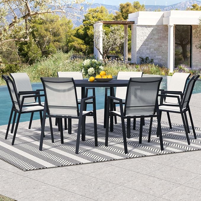 9-Piece Outdoor Dining Set for 8 – 60" Black Round Outdoor Table with Umbrella Hole & 8 White Outdoor Stackable Dining Chairs, All-Weather Patio Furniture