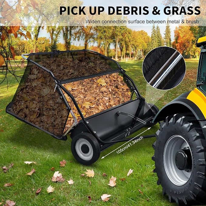 44 Inch Tow Behind Lawn Sweeper, Yard Sweepers, Grass Sweeper Tow Behind with 25 Cu Ft Hopper, Adjustable Brush Height Leaf Sweeper for Lawn Tractor, Yard Cleanup Black 44