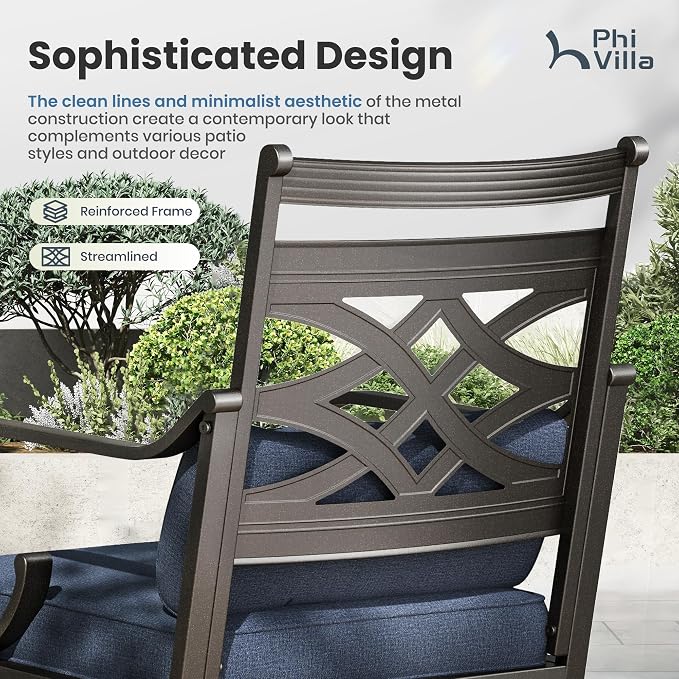 PHI VILLA Outdoor Dining Set with Umbrella for 4, 37" Metal Square Table & Wrought Iron Swivel Chairs, Patio Furniture with Blue Cushions & Pillows for Deck, Porch
