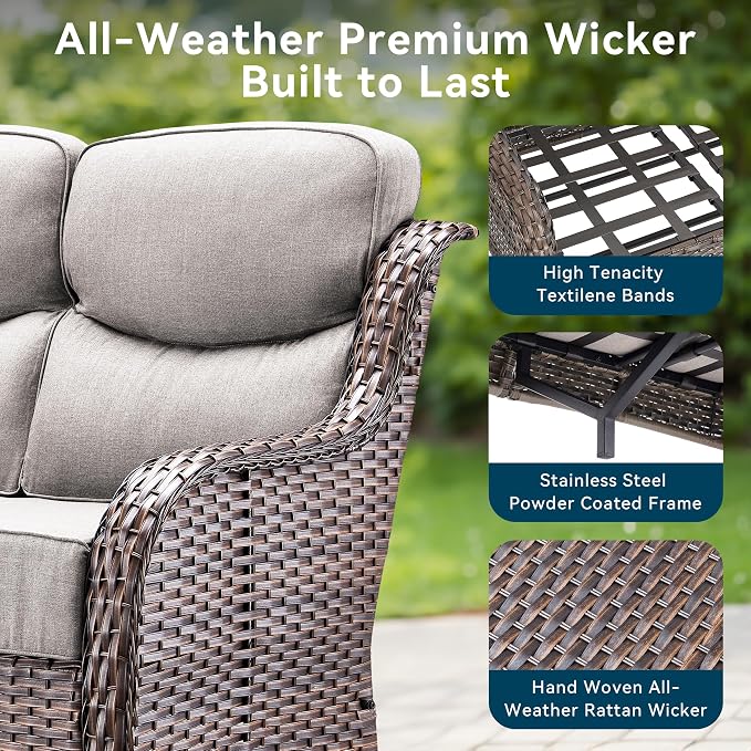 Luxury Outdoor Patio Furniture Set-Wicker High Backrest 3-Seat Patio Sofa with Comfy 6" Cushion, Rattan Couch with Deep Seat All-Weather Patio Conversation Set for Deck Backyard Garden(Brown/Beige)