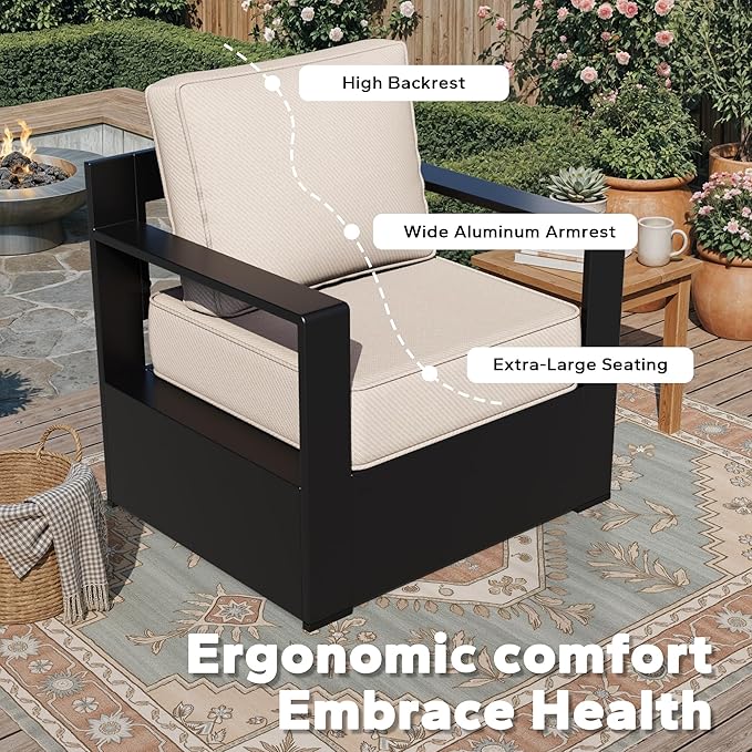 Outdoor Aluminum Furniture Set, 4-Piece Patio Conversation Set, 2 Chairs, 1 Sofa and 1 Fireplace, All-Weather Metal Frame, 6" Thick Removable Cushions, Deep Setting for Garden, Poolside and Porch