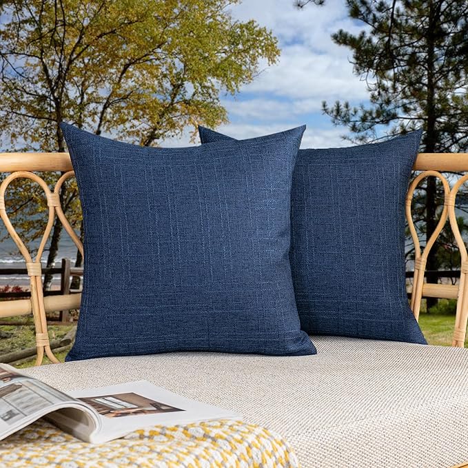 Kevin Textile Outdoor Waterproof 22”x22” Pillow Covers 2 Pack, Blue | Water Resistant, Soft Faux Linen-cotton Yarn-dyed Woven Texture Throw Pillow Covers for Tent Patio Garden Couch Sofa