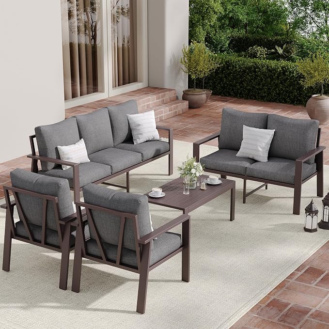 Aluminum Patio Conversation Set 5-Piece All-Weather Outdoor Sectional Sofa with 4" Cushions, Modular Patio Set for Porch Poolside Deck Yard
