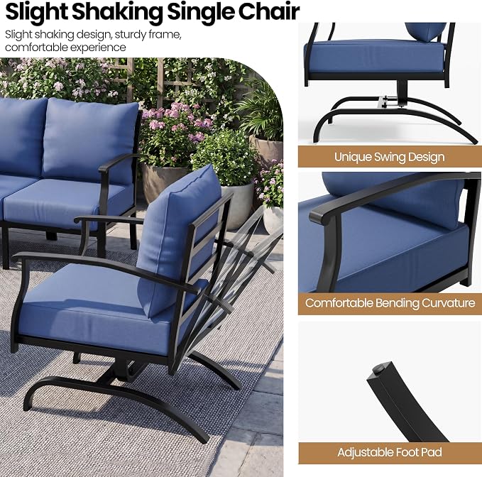 4 Piece Patio Furniture Set, Metal Outdoor Patio Furniture Set, All Weather Modern Couch Sofa with Comfortable Cushions & Coffee Table, Metal Conversation Set for Balcony, Porch, Deck (Navy)