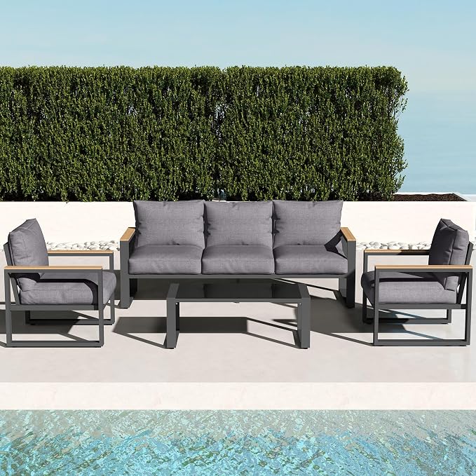 Green4ever Aluminum Patio Furniture Set, 4 Piece Outdoor Conversation Set with Coffee Table, Metal Outdoor Patio Furniture Set for Porch Backyard Garden, Grey