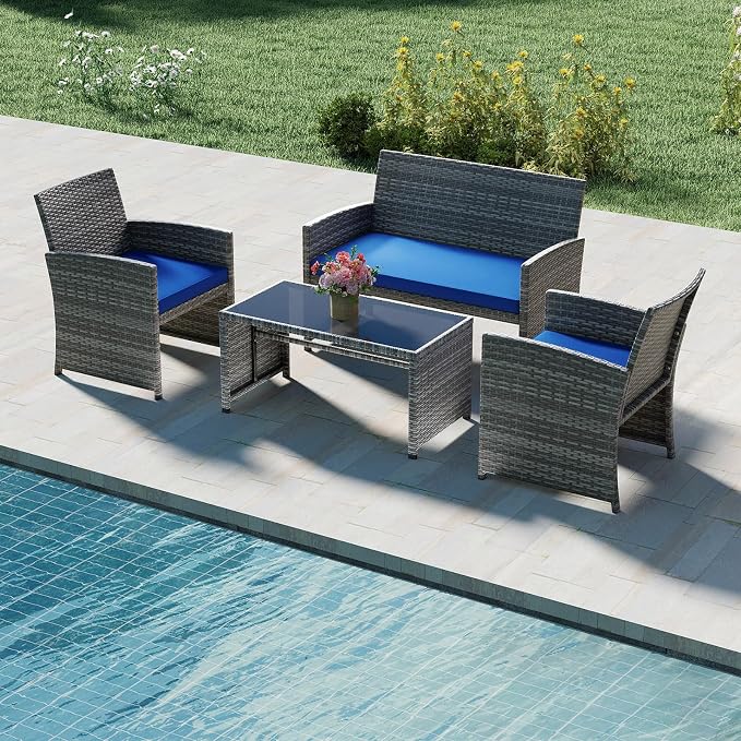 Tangkula 4 Piece Patio Wicker Furniture Set, Outdoor Heavy Duty Rattan Cushioned Chairs, Loveseat and Tempered Glass Coffee Table, for Backyard, Balcony, Poolside (Navy)