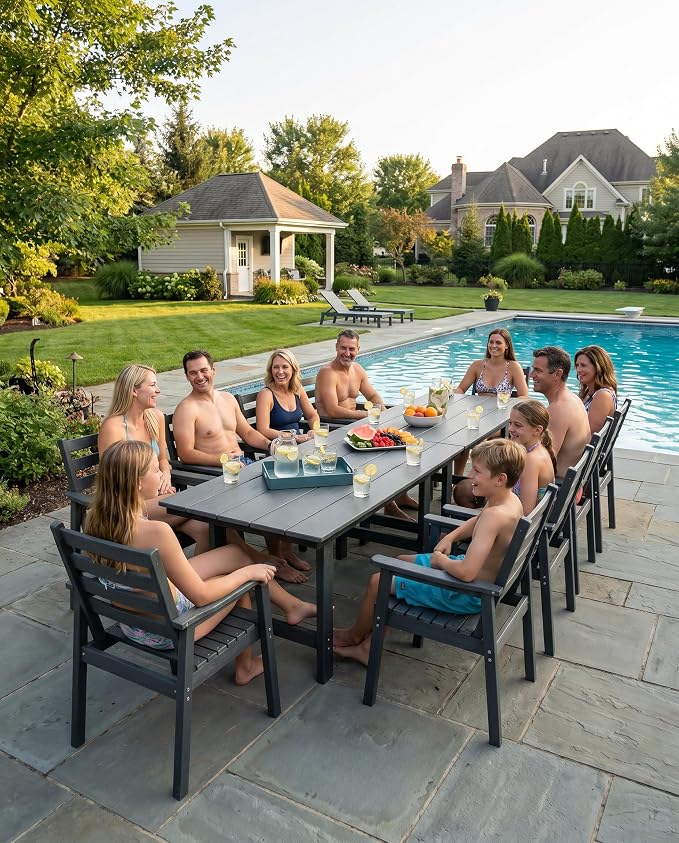 12 Piece HDPE Outdoor Dining Set for 10, Patio Dining Furniture Set with 2” Umbrella Hole, Weather Resistant Outdoor Table and Chairs for Garden, Poolside, Backyard, Deck