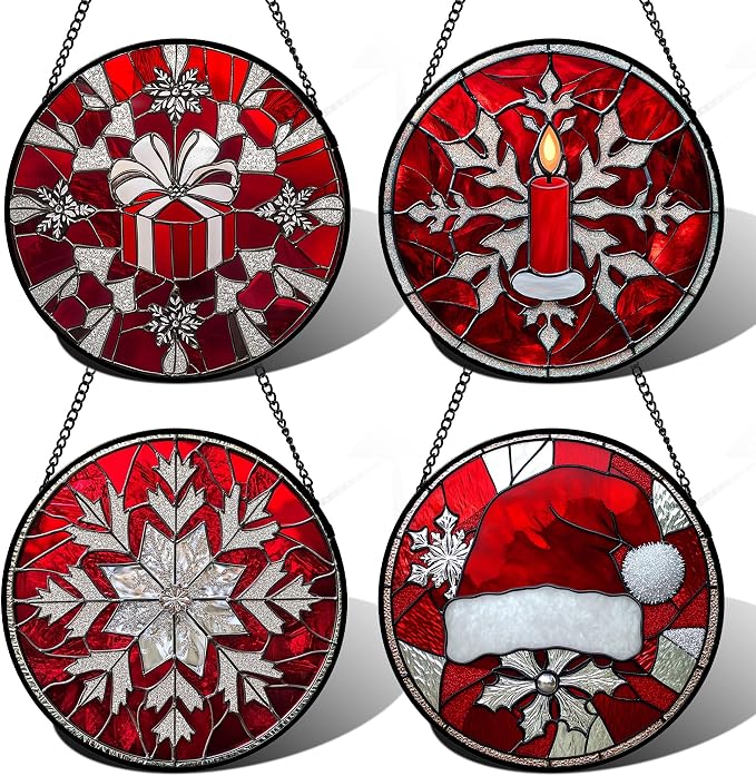 DASTOLL Stained Glass Window Hanging 4 Pcs Set Red Christmas Decorations Theme 9.8" - Suncatcher Door Garden Sun Catcher Decor Birthday for Mom Woman Nana Men Friend Wife