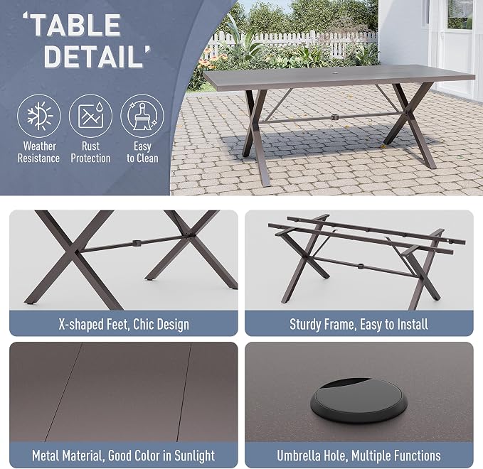 Kurapika 7 Piece Patio Dining Set Outdoor Furniture, Metal Patio Furniture Set 6 Fixed Chairs and Large Table with Umbrella Cutout for Deck Garden Yard Porch, Grey