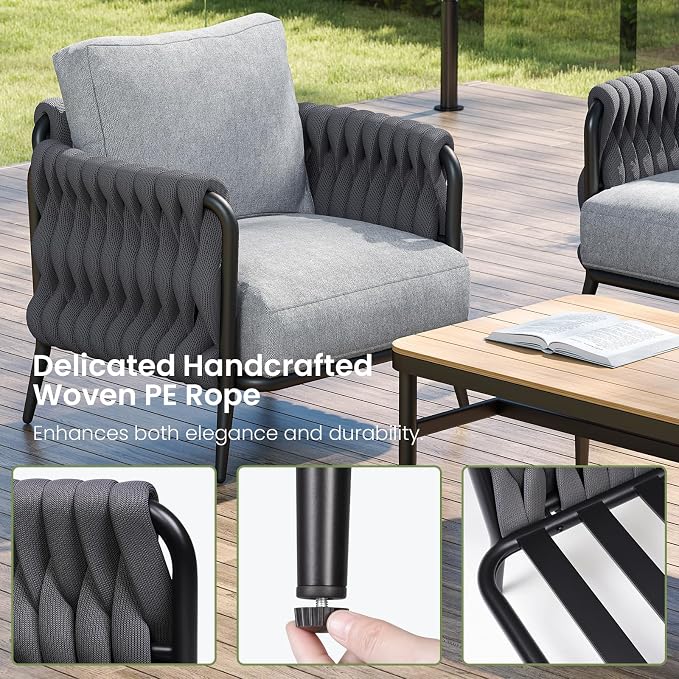 Jocoevol Outdoor Patio Sofa Set 5-Piece, Outdoor 4-Seat Couch Set with Coffee Table, Waterproof Thick Cushion Patio Conversation Set, All Weather Outdoor Furniture for Deck, Lawn, Balcony