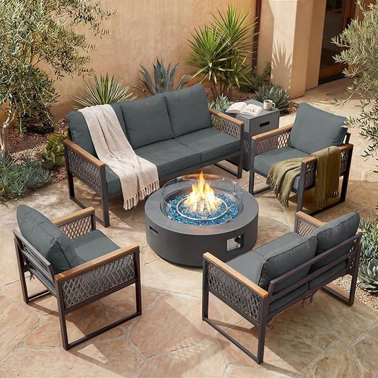 UPHA 7 Pieces Patio Furniture Set with 42" Propane Gas Fire Pit Table, Metal Outdoor Sectional Couch Set with Loveseat & 3-Seat Sofa, Modern Patio Conversation Set for Porch Balcony Deck, Gray