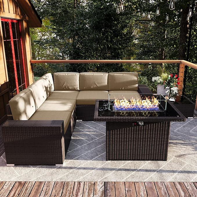 7 Pieces Patio Furniture Set with 44" Propane Gas Fire Pit Table, Outdoor Sectional Brown Rattan Wicker Conversation Sofa Sets with Coffee Table