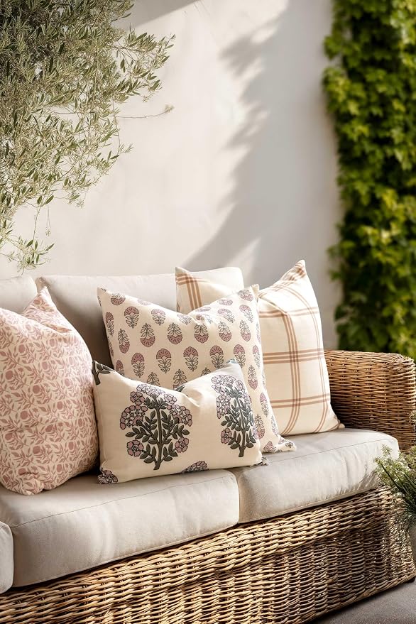 Crumbs Home Modern Farmhouse California Casual Indoor Outdoor Lumbar Pillow Cover, 12"x20" Water Repellent for Patio, Backyard, Couch, Green Dark Rose Block Print Hydrangea Flowers