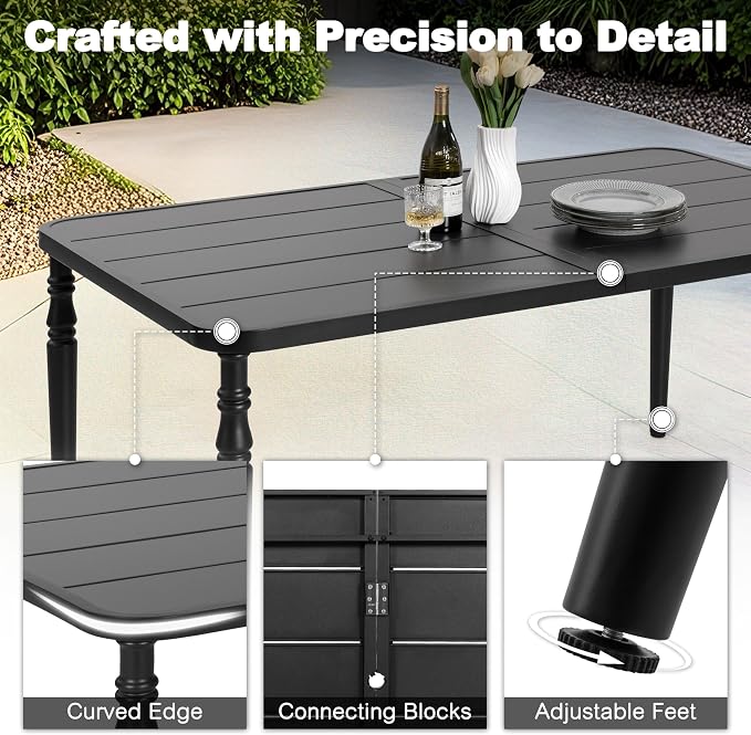 NUU GARDEN Outdoor 7-Piece Dining Set with Powder-Coated Metal Frame, Patio Metal Dining Set with 6 Textilene Chairs, Table with Umbrella Hole, for Patio, Lawn, Garden, Porch, Black and Brown