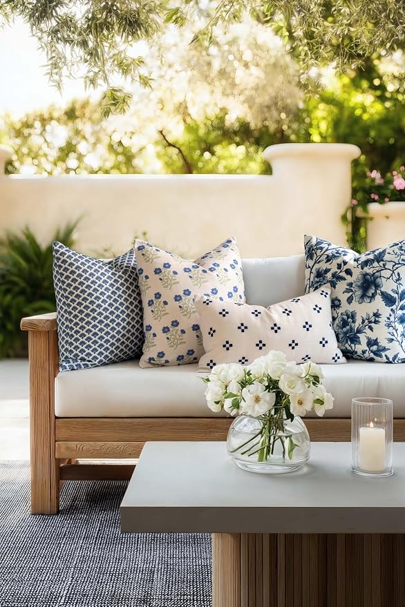 California Casual Coastal Indoor Outdoor Lumbar Pillow Cover, 12"x20" Water Repellent for Patio, Backyard, Couch, Poolside, Neutral Navy Embroidered Small Squares