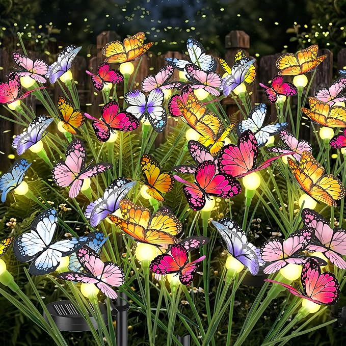 Vivideal Solar Butterfly Lights Outdoor, 2 Pack 16 LED Solar Garden Lights with 2 Modes, IP65 Waterproof Solar Powered Lights for Outside Garden Yard Patio Pathway Decorations